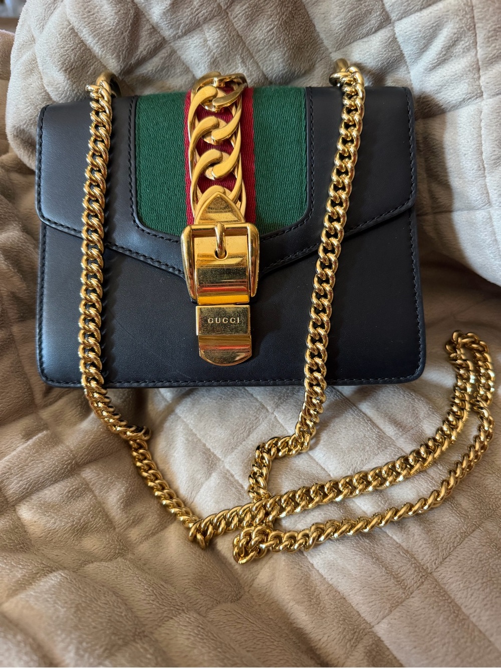 GUCCI Sylvie Small Black Leather Crossbody, Green & Red Sherry Line & Gold Chain